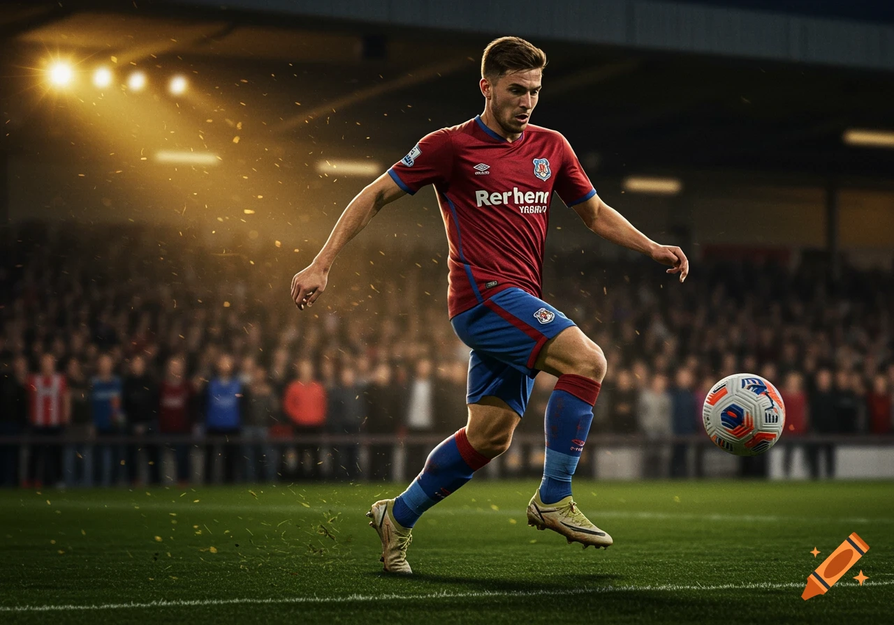 Male soccer player in a red and blue uniform dribbling a ball on a green field in a stadium, photorealistic.