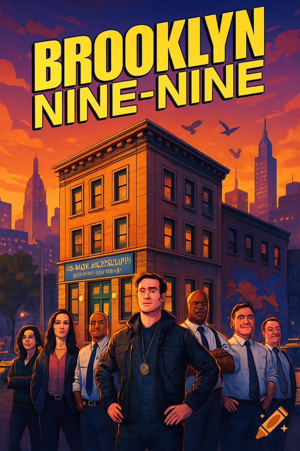 An illustrated movie cover for Brooklyn Nine-Nine, featuring the main cast standing in front of the police precinct building at sunset, with the city skyline in the background.