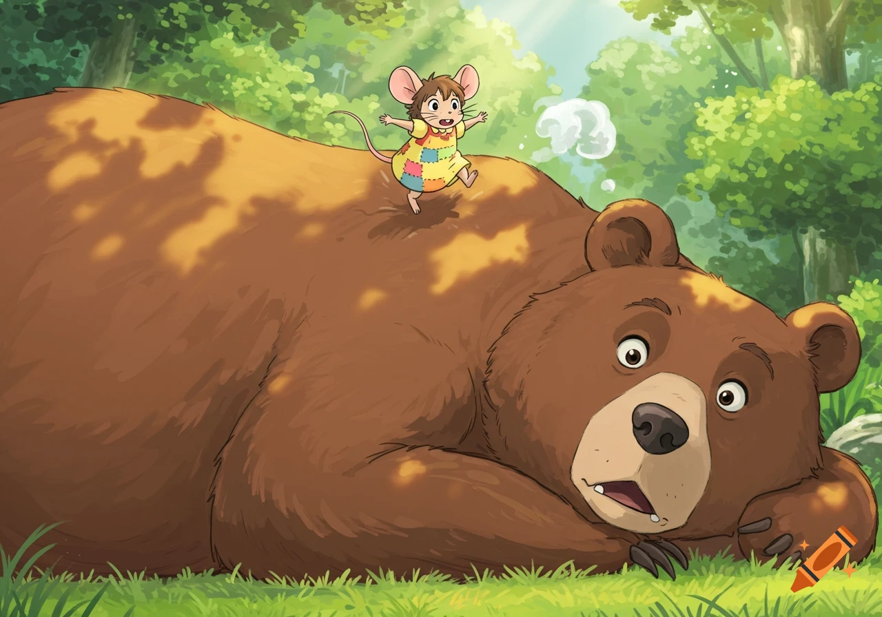 A whimsical cartoon illustration shows a small mouse on the back of a surprised brown bear in a sunny forest.