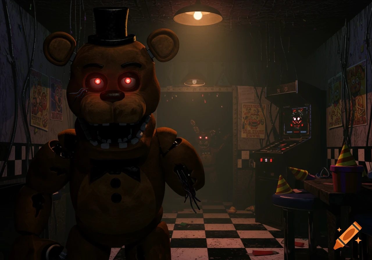Freddy Fazbear with glowing red eyes stands in a dark pizzeria, another animatronic visible in the background doorway.