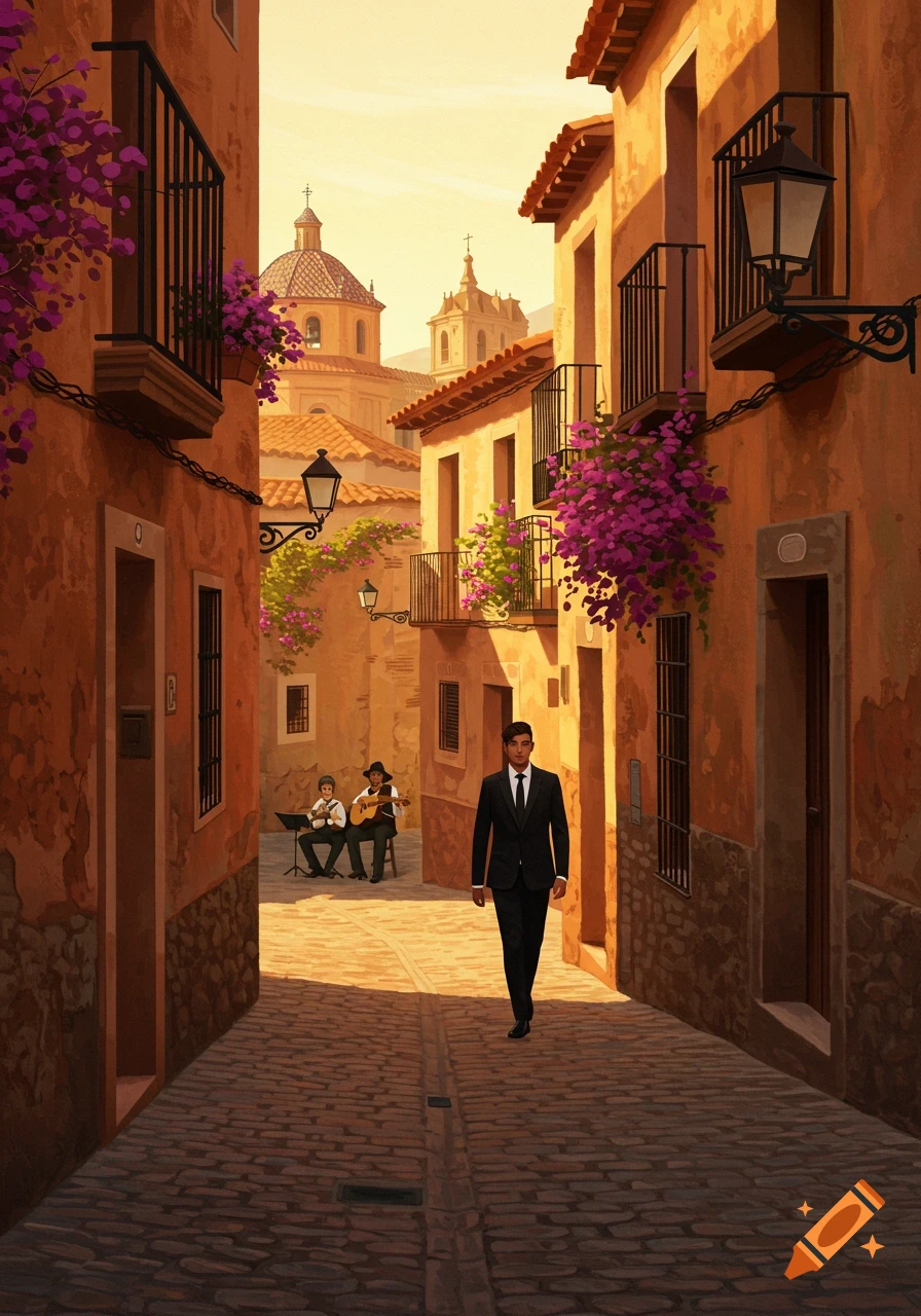 Illustrated man in a suit walks down a sunny European cobblestone street with flowering buildings and musicians.