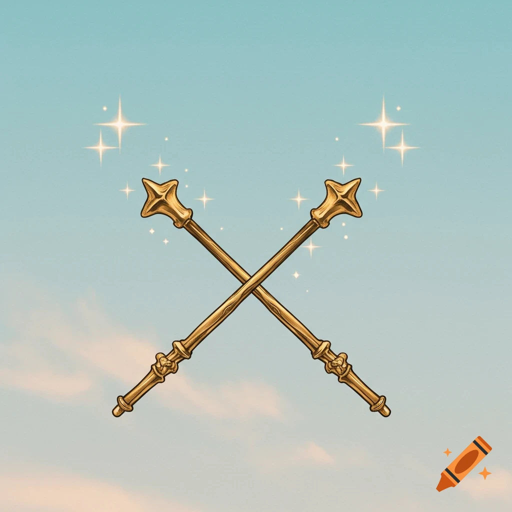 Two golden, ornate wands crossed with sparkling tips against a light blue sky.