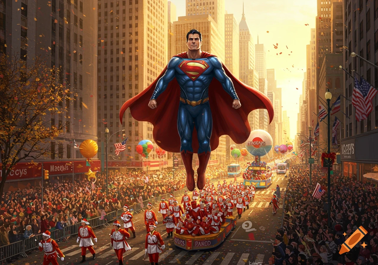 Superman flies above a bustling city street during a sunny Macy's Thanksgiving Day Parade, with floats and crowds below.