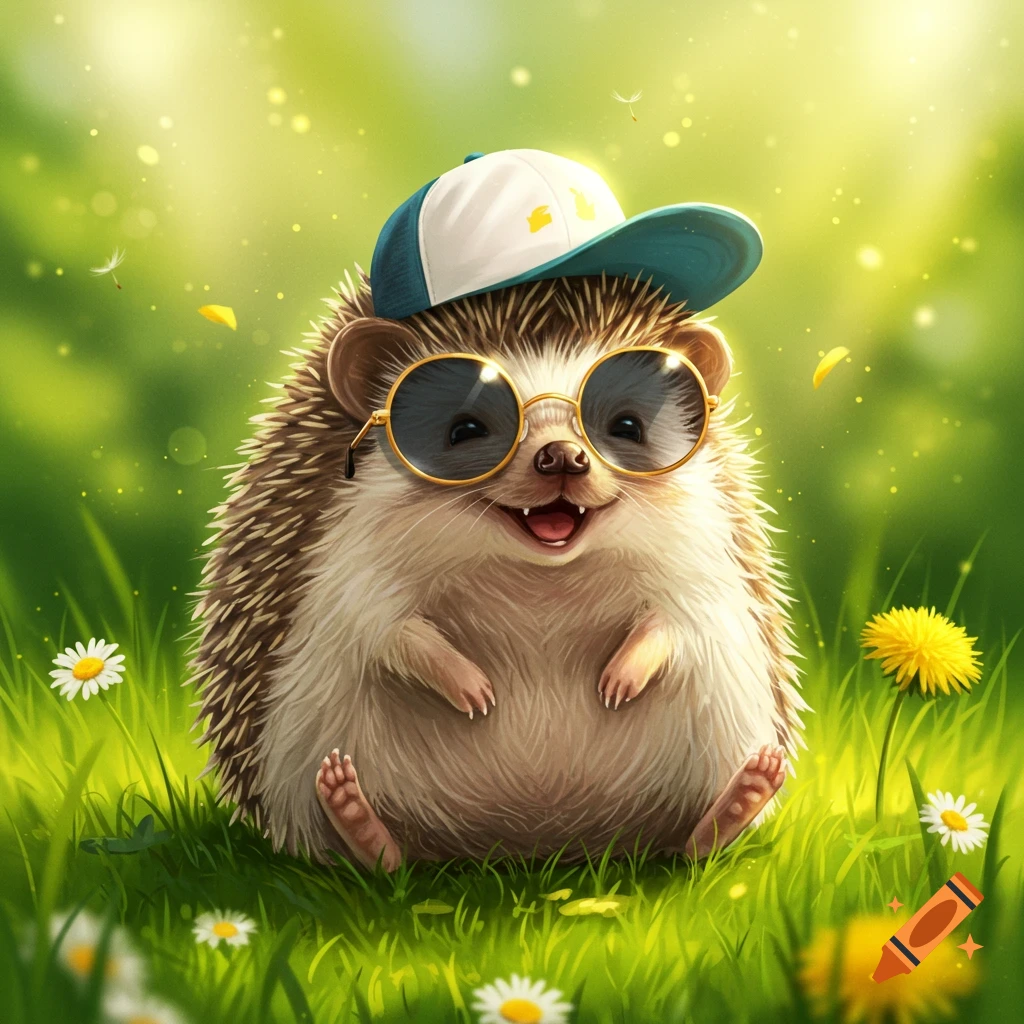 A cute hedgehog wearing a blue and white baseball cap and round sunglasses sits smiling in bright green grass with white and yellow flowers.