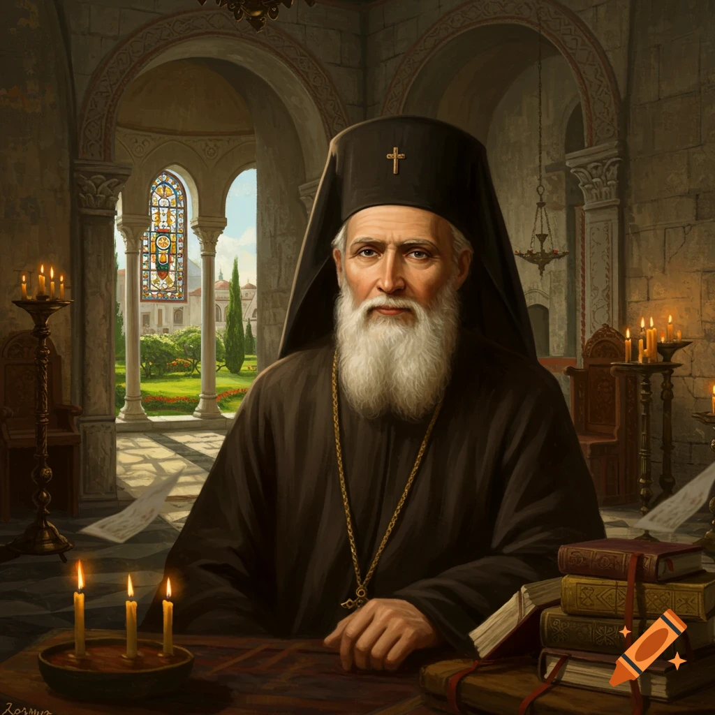 A portrait painting of a bearded Orthodox cleric in black robes and headdress, seated at a desk with books and candles, overlooking a courtyard.