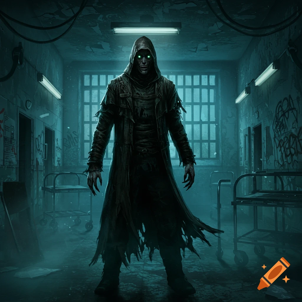 A terrifying hooded reaper with glowing green eyes and sharp claws stands in a dimly lit, dilapidated asylum hallway with medical gurneys.
