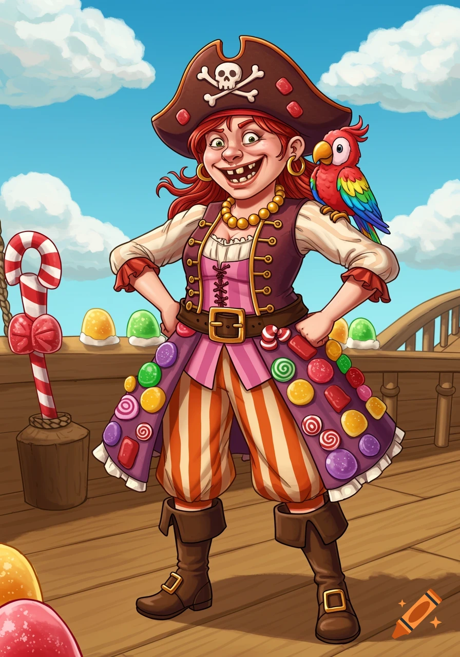 A smiling, red-haired cartoon lady pirate with bad teeth, a parrot on her shoulder, and a candy-decorated outfit stands on a ship deck.