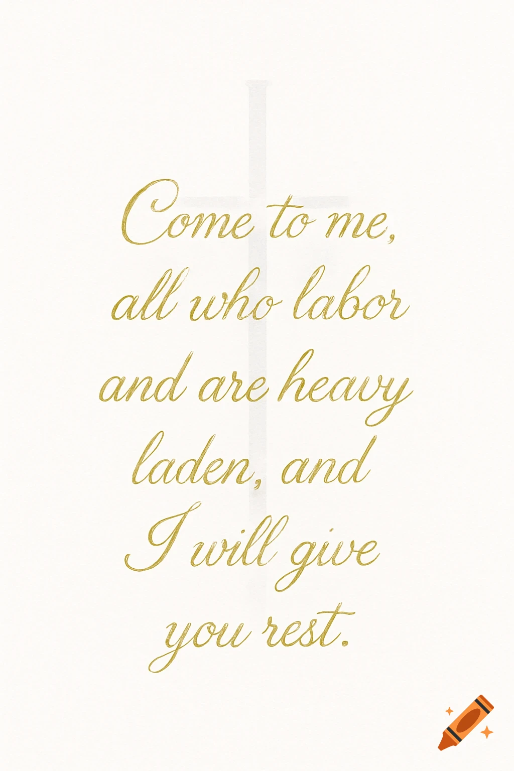 Religious verse "Come to me, all who labor and are heavy laden, and I will give you rest" in gold script on a white background with a subtle cross.