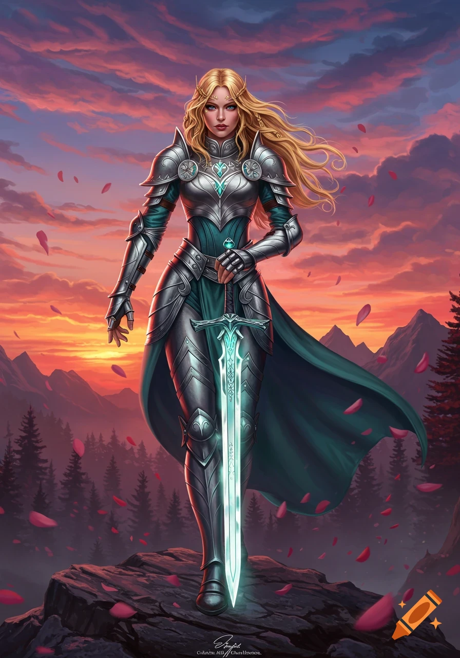 A blonde fantasy warrior in intricate silver and teal armor stands with a glowing sword against a vibrant sunset over mountains.