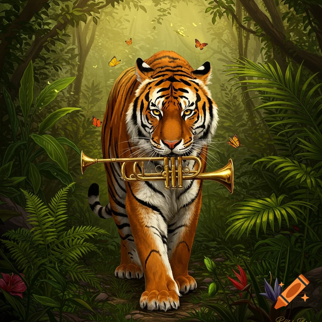 A detailed illustration of an orange and black striped tiger walking through a lush green jungle, holding a golden trumpet in its mouth.