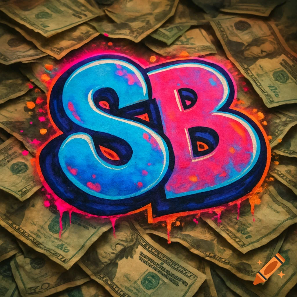 Colorful graffiti bubble letters 'SB' in blue and pink on a pile of dollar bills with neon splatters.