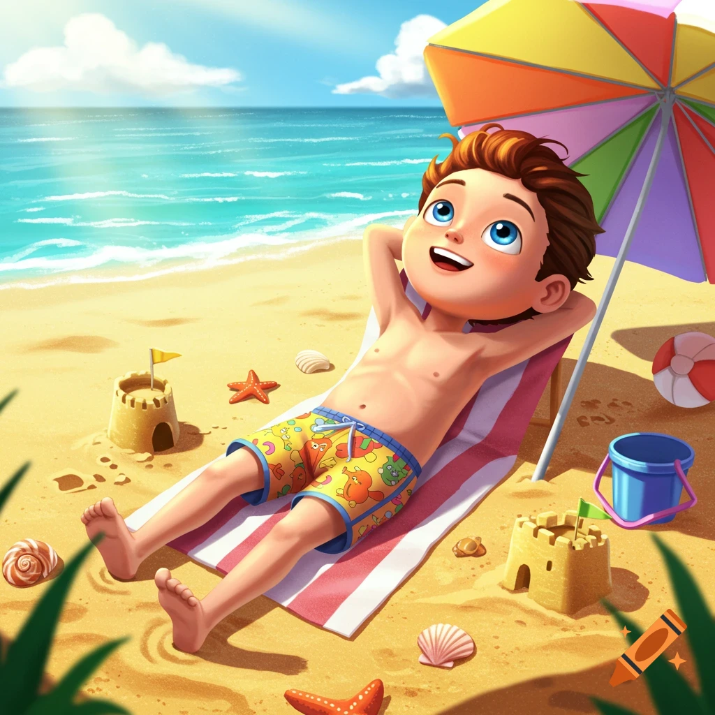 A cheerful cartoon boy relaxes on a striped beach towel under a colorful umbrella on a sunny beach with sandcastles and the ocean.