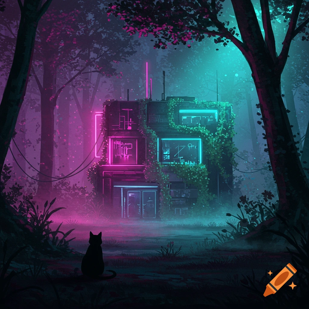 A black cat silhouette sits in an ethereal, neon-pink and cyan forest, gazing at a glowing cyberpunk building. Digital painting.
