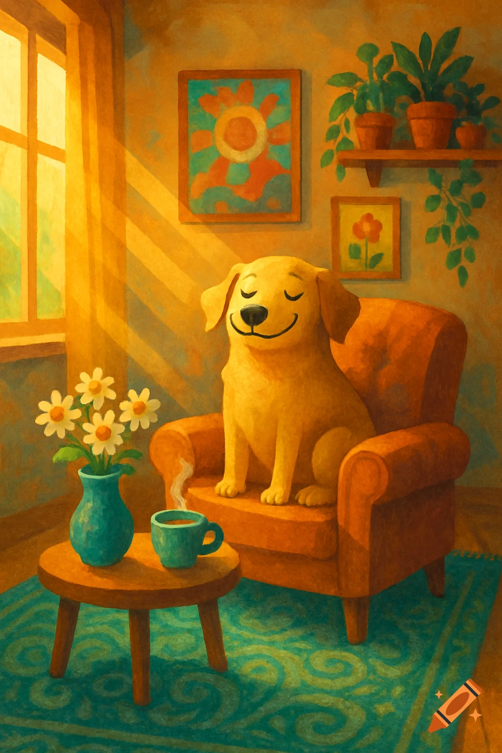 A happy yellow dog sits in an orange armchair next to a steaming cup and flowers, bathed in warm sunlight from a window, in a cozy watercolor illustration.