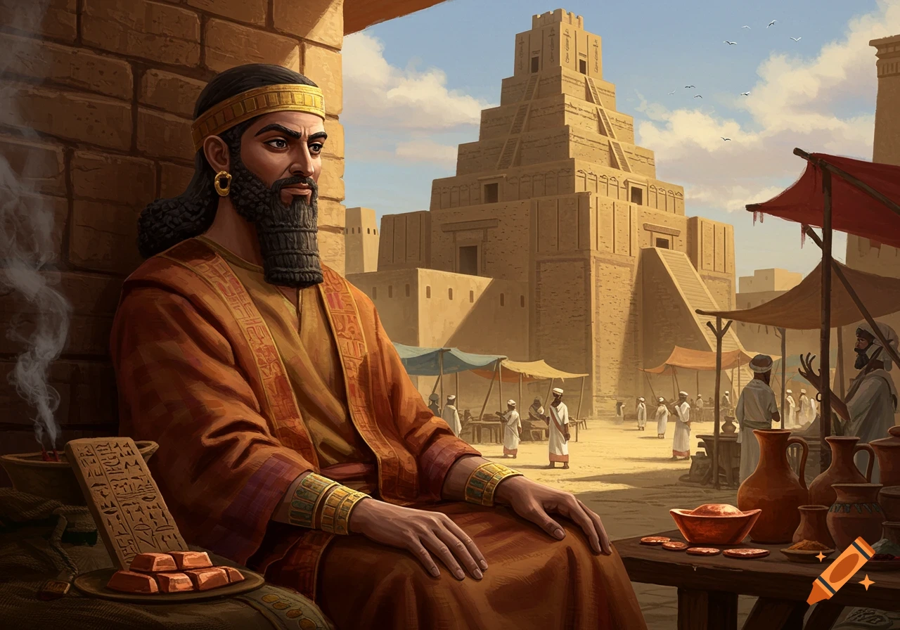 An ancient Mesopotamian man in golden robes sits in a market square with a large ziggurat in the background, a cuneiform tablet and gold bars beside him.
