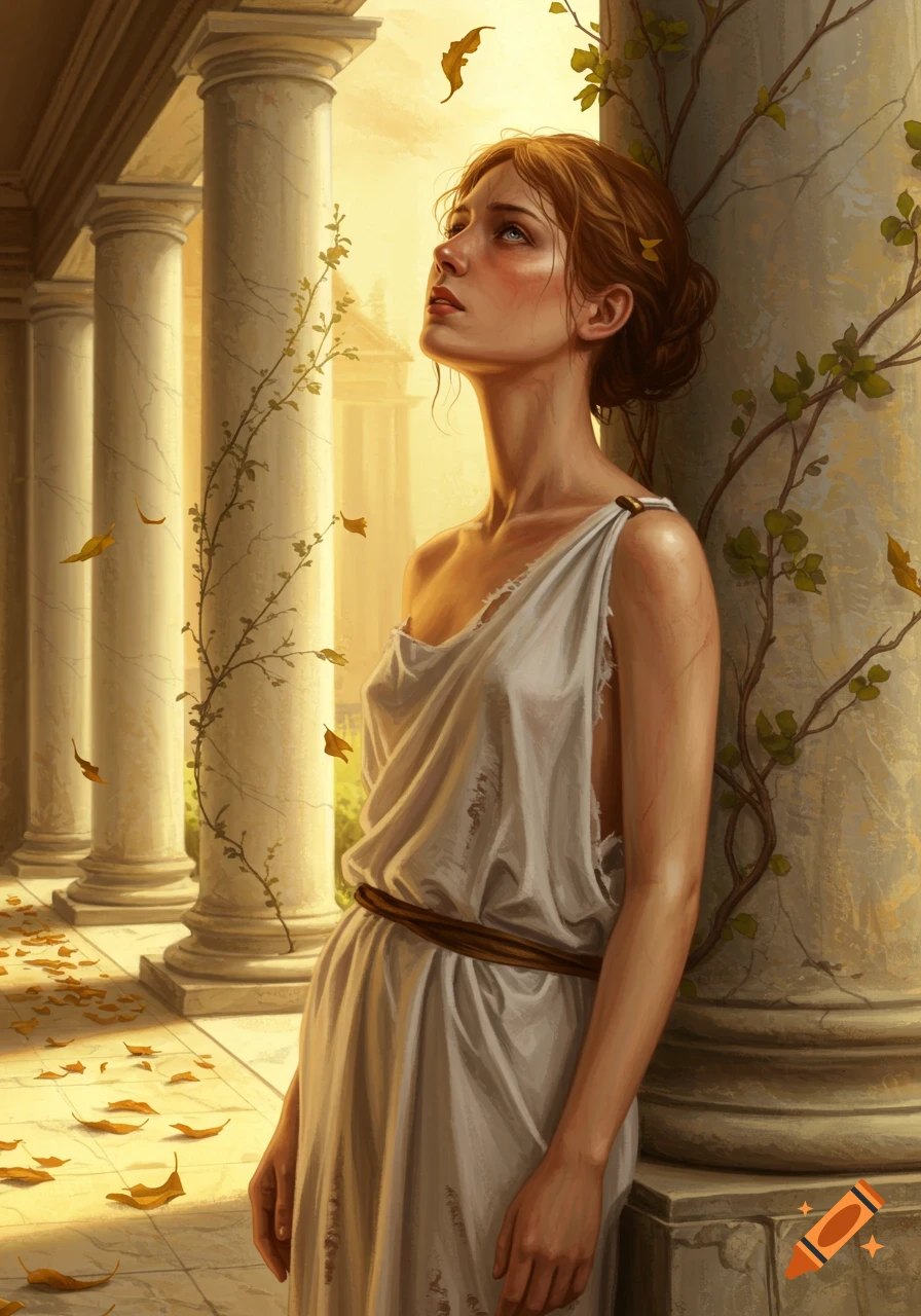 A woman in a white toga leans against a Roman column, looking up as golden leaves fall around her.