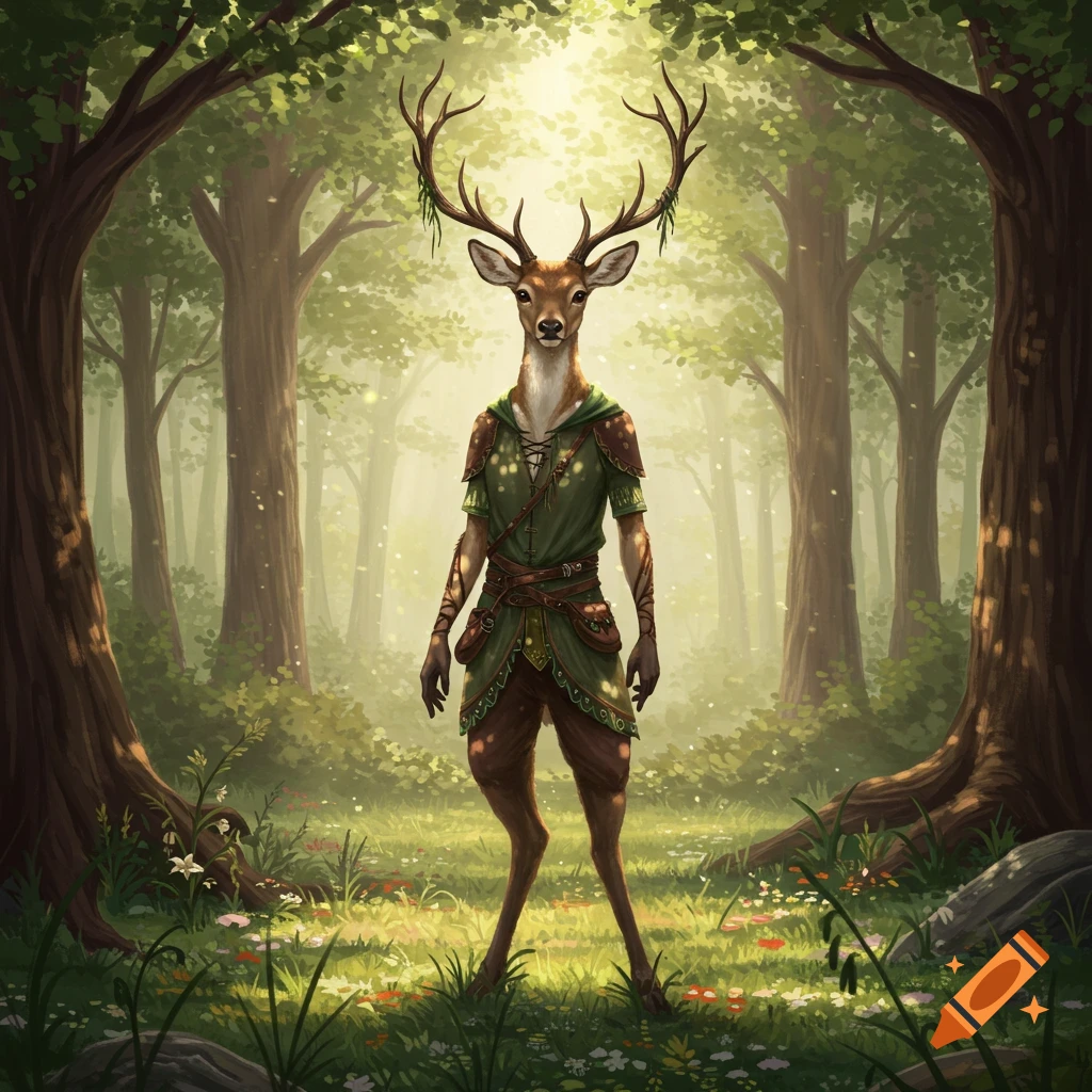 An anthropomorphic deer with antlers and green clothing stands in a sunlit, enchanting forest.