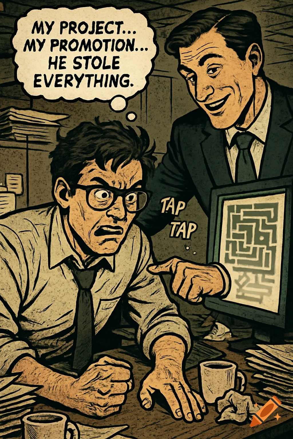 Comic art of an angry man with glasses in an office cubicle, clenching his fist. A smirking manager points at his screen.