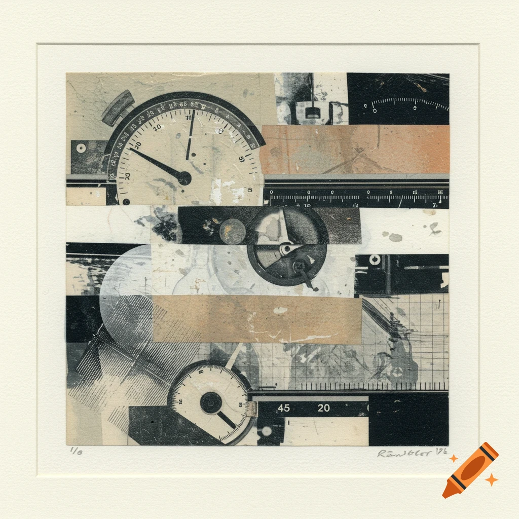 Vintage abstract collage of mechanical dials and gauges in a grid format with a monoprint texture.