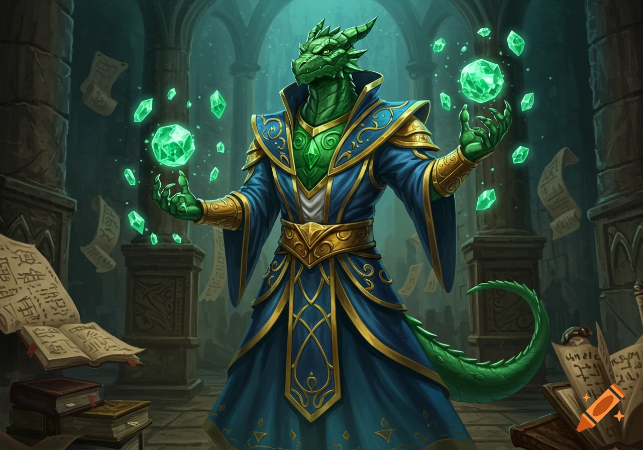 Emerald green dragonborn sorcerer in blue and gold robes, conjuring glowing green gems in a stone hall filled with magical books.