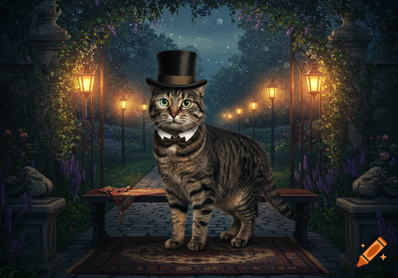 A tabby cat in a top hat and monocle stands in a whimsical, lamp-lit night garden.