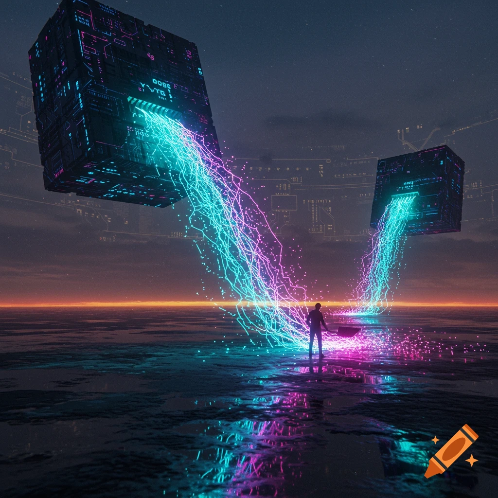 A person stands on a reflective surface between two glowing, futuristic cubes that emit streams of light, against a twilight sky.