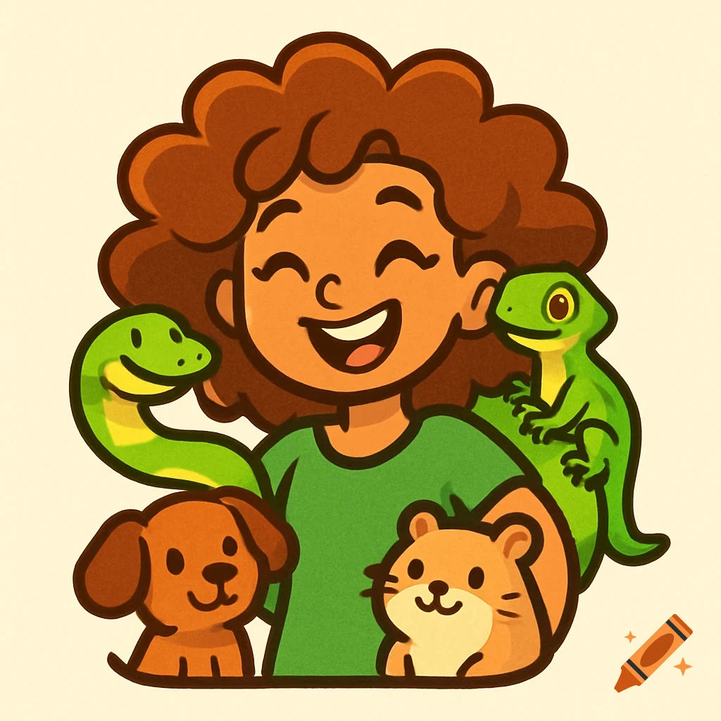 Cartoon illustration of a smiling girl with curly brown hair surrounded by a snake, lizard, dog, and hamster.