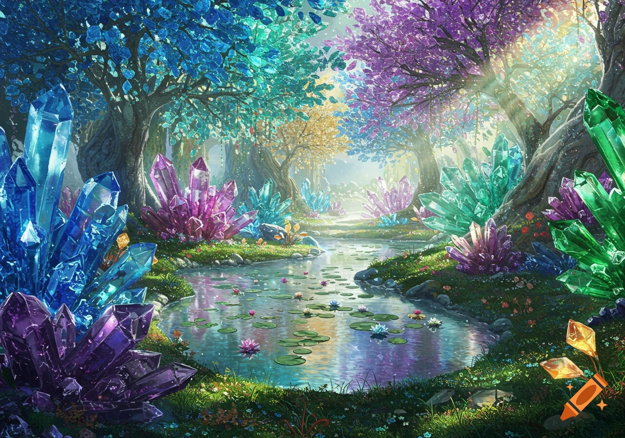 A vibrant fantasy crystal garden with colorful trees, large glowing crystals, a stream with water lilies, and sun rays.