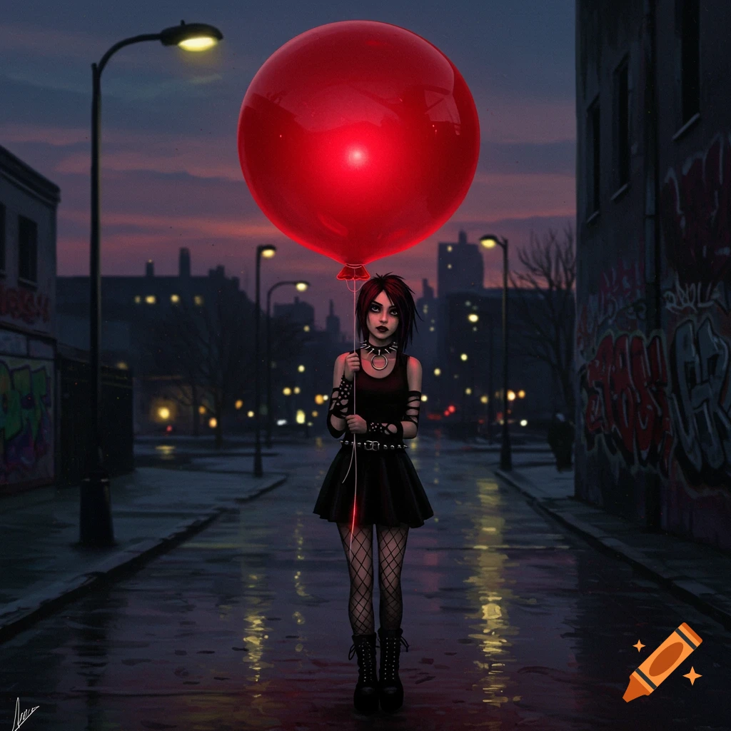 A stylized illustration of an emo girl in a black dress holding a huge red balloon on a dark, wet city street.
