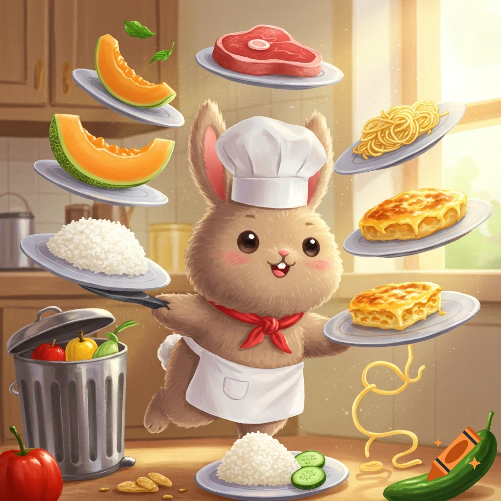 A cute cartoon bunny chef balances plates of various foods, including rice, cantaloupe, steak, and pasta, in a sunny kitchen setting.