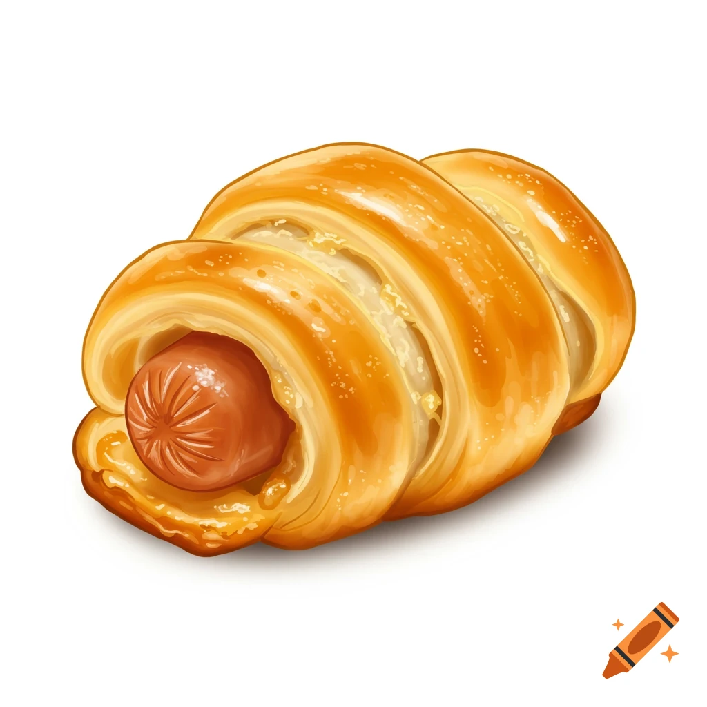 An illustration of a golden-brown sausage wrapped in flaky croissant dough on a white background.