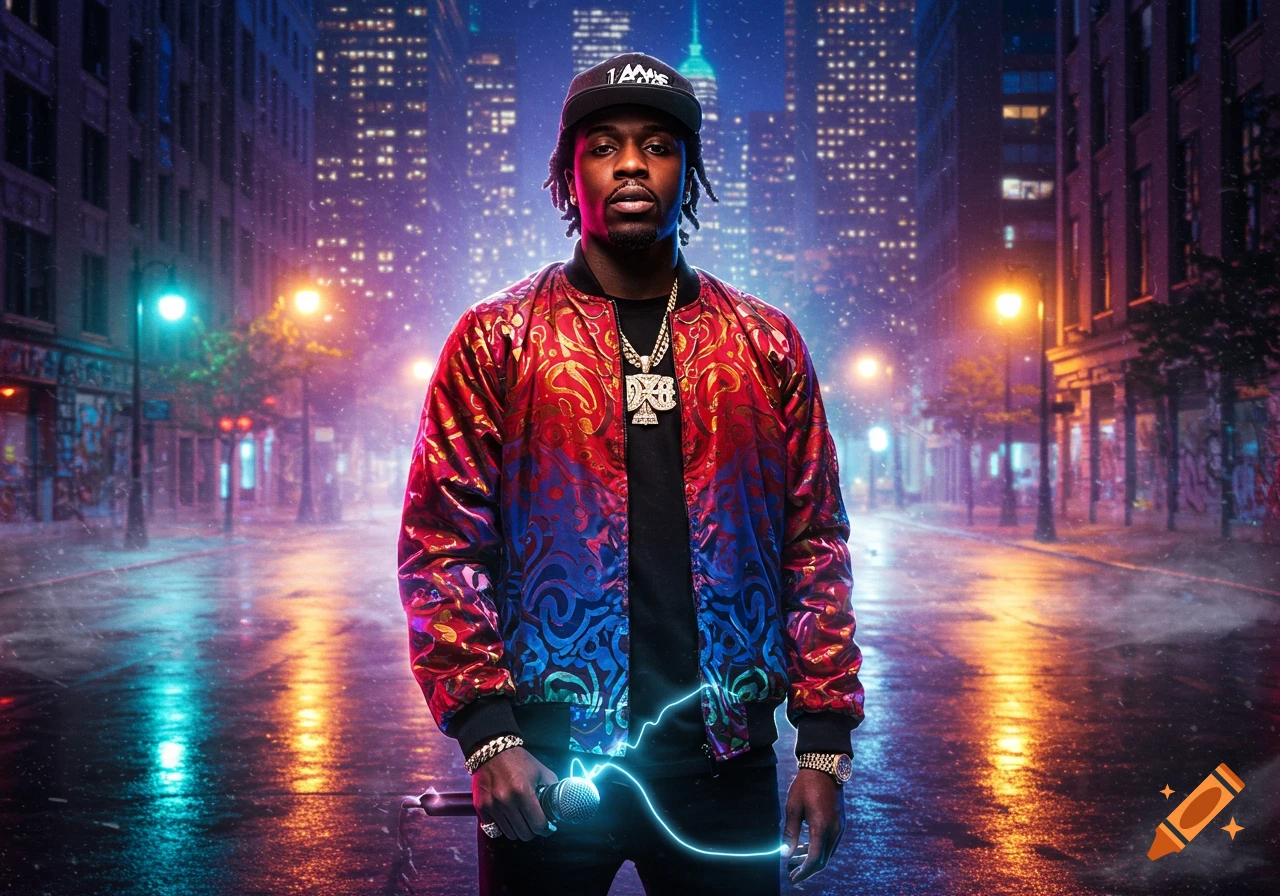 A man in a colorful jacket and cap holds a glowing microphone on a vibrant, rainy city street at night.