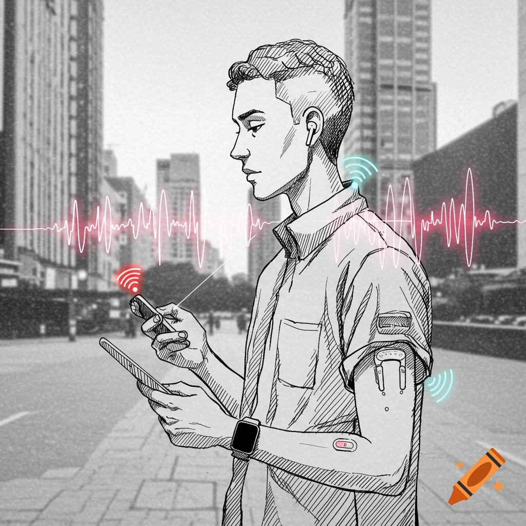 Sketch of a person on a city street, interacting with multiple smart devices showing signal waveforms.