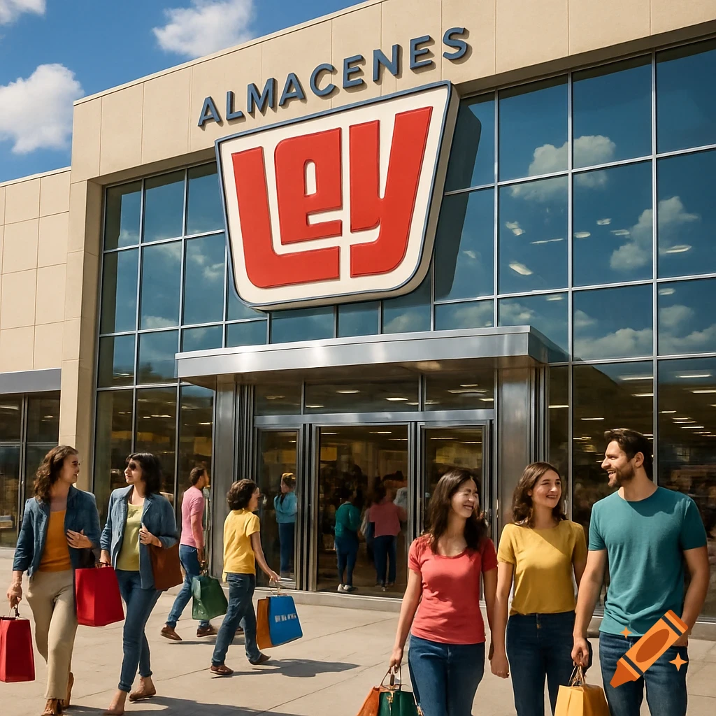 A large modern department store exterior with a prominent 'Almacenes Ley' logo. Shoppers with bags walk outside under a clear blue sky.
