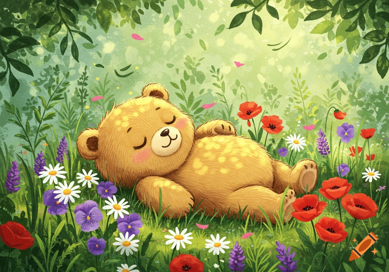 A cute, sleeping brown bear lies on its back in a vibrant field of colorful flowers and green leaves in a stylized illustration.