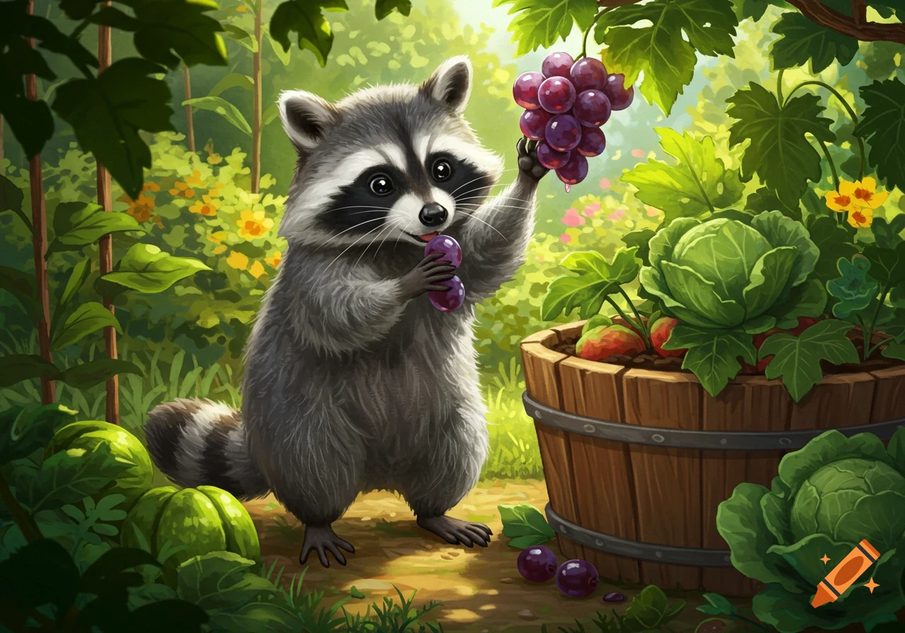 An illustrated raccoon happily stealing and eating grapes in a lush garden with cabbages.