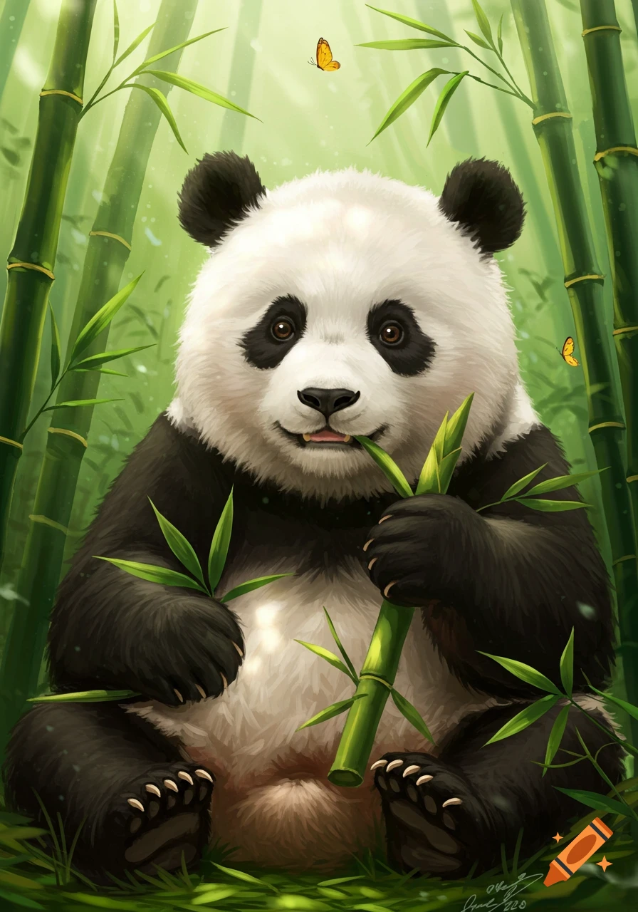 A cute, fluffy panda with big eyes sits in a vibrant bamboo forest, eating a bamboo stalk. Two small orange butterflies flutter around.
