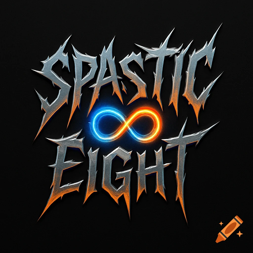 A heavy metal style band logo for 'SPASTIC EIGHT' featuring metallic, spiky text and a glowing blue and orange infinity symbol on a black background.
