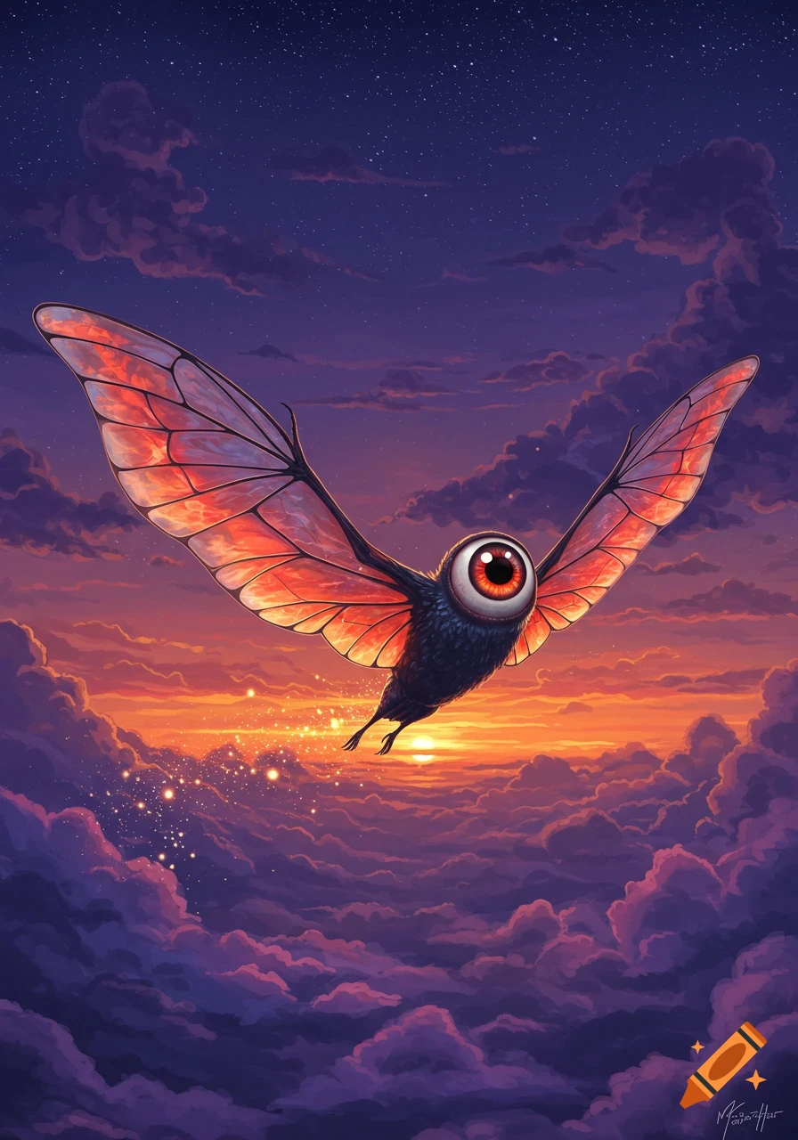A fantastical eyeball-headed bat with translucent red wings flies through a vibrant purple and orange twilight sky filled with sparkling stars.
