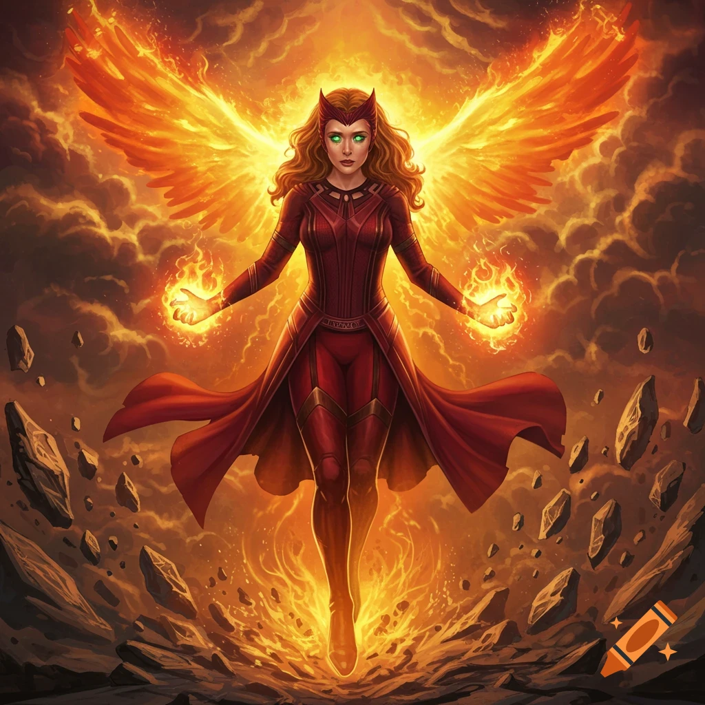 A powerful Scarlet Witch in a red costume with fiery wings and hands floats above a landscape of fire and levitating rocks.
