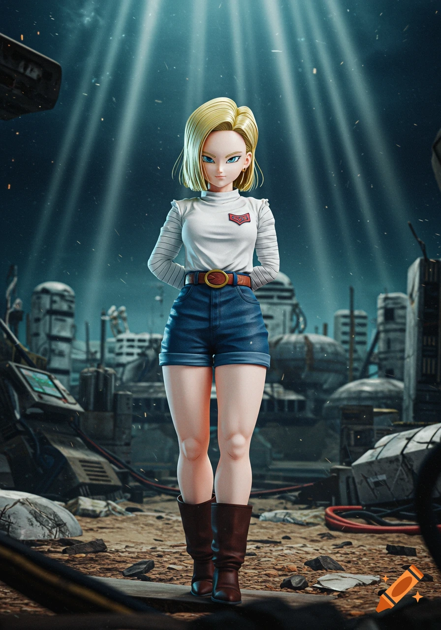An Android 18 character model stands in a ruined futuristic city under dramatic light rays, with debris scattered around her.