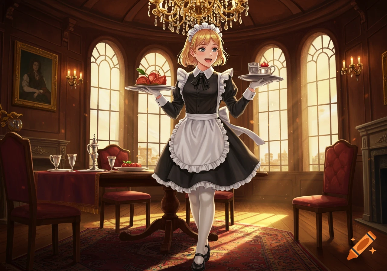 A smiling blonde anime maid in a black and white uniform carries trays with food and drinks in a sunlit, elegant dining room.