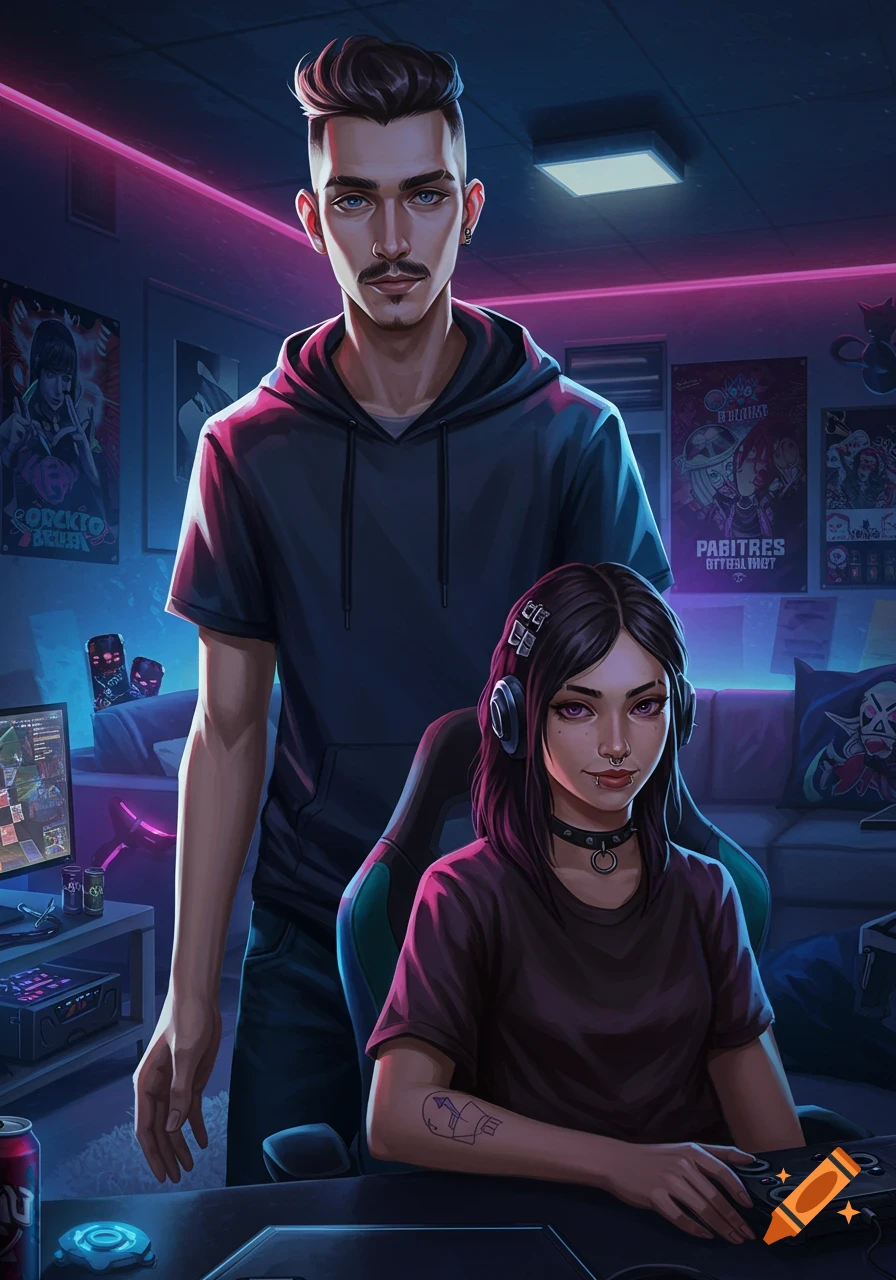 A man stands behind a woman with a septum piercing, both in a neon-lit gaming room. Digital illustration style.