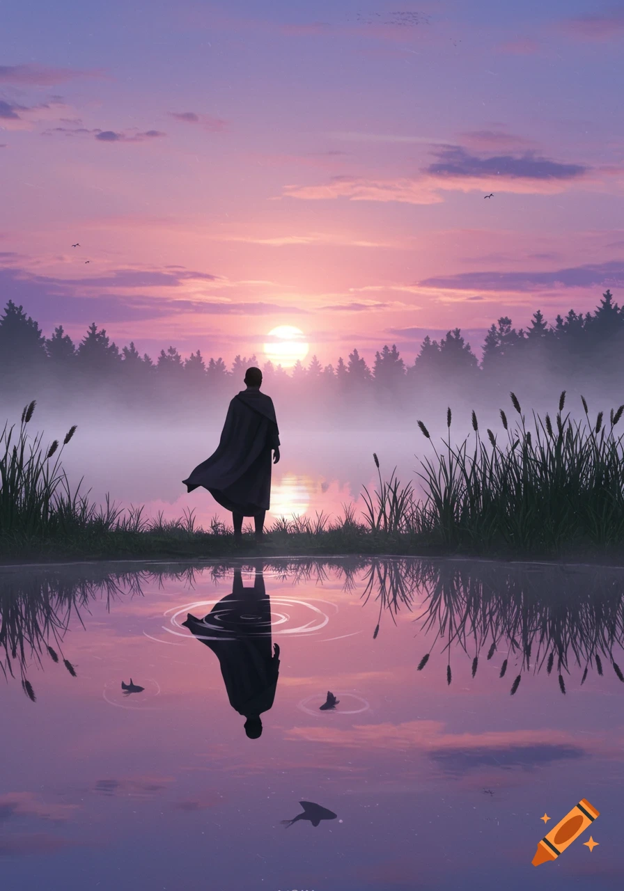 A cloaked figure stands by a tranquil lake reflecting a vibrant pink and purple sunset over a misty forest.