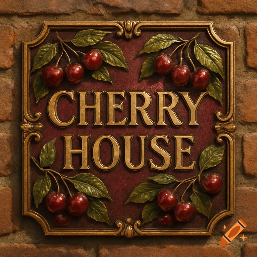 Ornate gold-framed 'CHERRY HOUSE' plaque with embossed gold letters, red background, and decorative cherries, on a brick wall.
