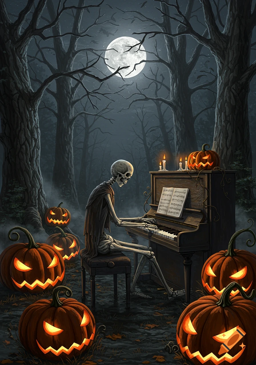 A skeletal figure plays a piano in a dark, spooky forest under a full moon, surrounded by glowing jack-o'-lanterns.