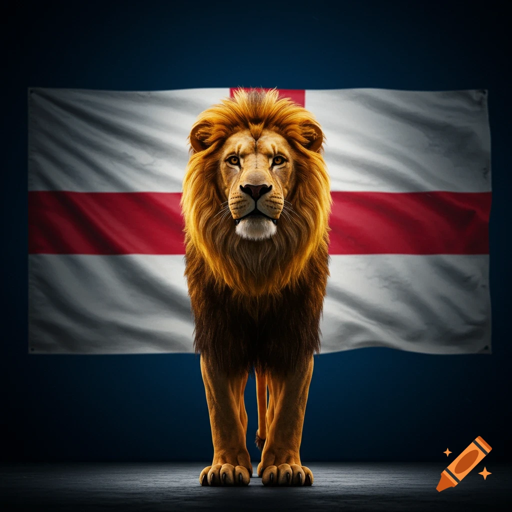 A majestic, photorealistic lion stands regally in front of a slightly wavy English flag.