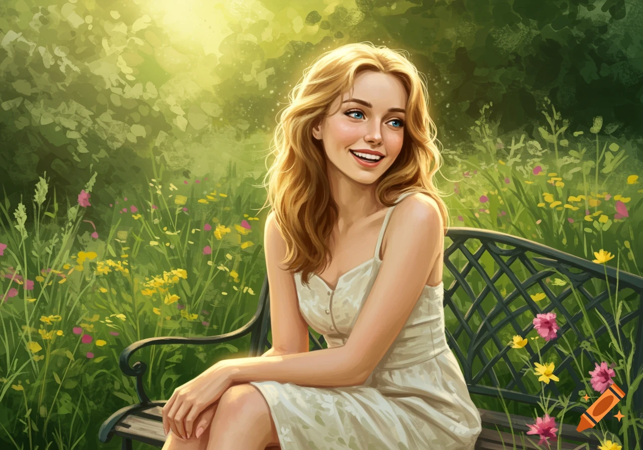 Smiling blonde woman on a bench in a sunny, flower-filled garden, illustration.