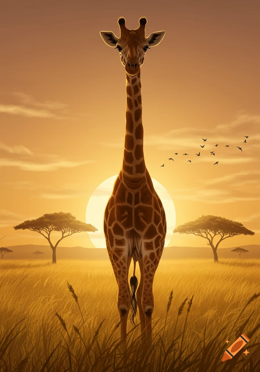 A stylized illustration of a giraffe standing tall in a golden savanna at sunset, looking directly forward.