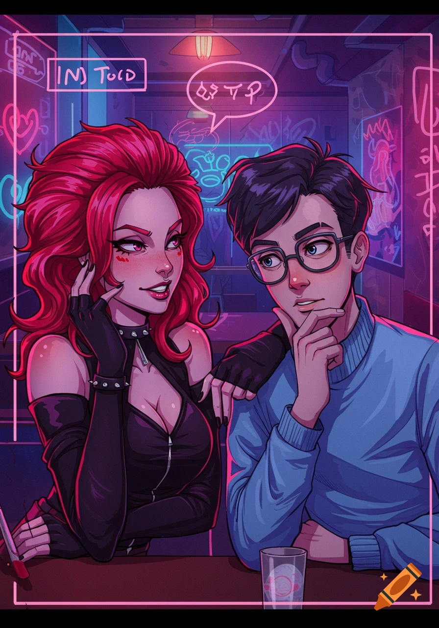 An anime-style illustration of a red-haired woman in a black outfit flirting with a bespectacled man in a blue sweater at a neon-lit bar.